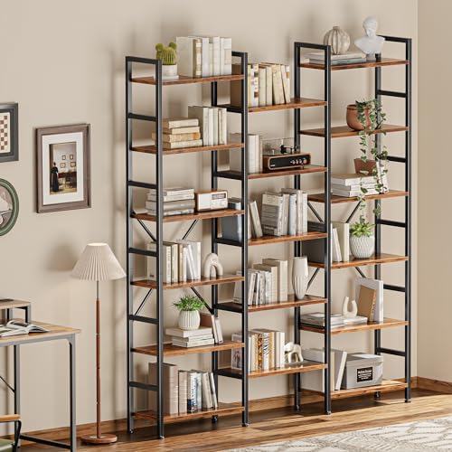 SUPERJARE Triple Bookshelf, Bookcase with 17 Open Display Shelves, Wide Book Shelf Book Case for Home & Office, 6 Tier, Brown, ABC003Z - Image 7
