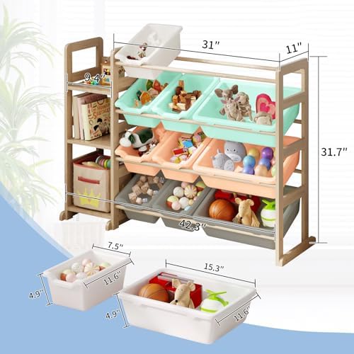 Toy Storage Organizer - Toy Organizers and Storage with Bookshelf, Toy Storage Shelf with 3 Shelves and 12 Storage Bins, Kids Bookshelf and Toy Storage for Kids Room, Playroom, Nursery, Multi color - Image 2