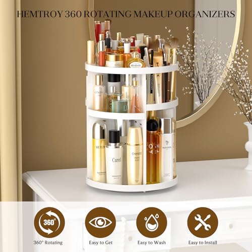 Makeup Organizer 360 rotating, Adjustable Skincare Organizers with Brush Holder, Cosmetics Display Cases for Vanity Bathroom Countertop Large Capacity Carousel Make up Caddy Shelf (White) - Image 3
