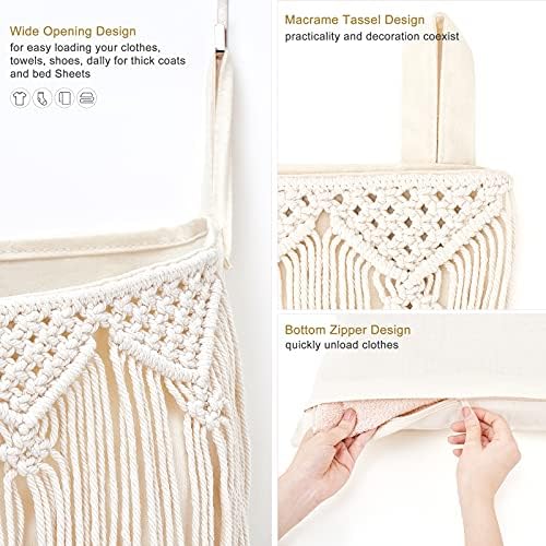 Mkono Macrame Over The Door Laundry Hamper, Hanging Laundry Bag with Zipper - Image 3