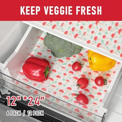 Cooyes 12 Pack Cloth Shelf Liners for Kitchen Cabinets, 12" × 24", Non-Slip Refrigerator Liners Machine Washable, Crisper Drawer Mats for Glass Shelves and Freezers, (Red Mushroom) - Image 6
