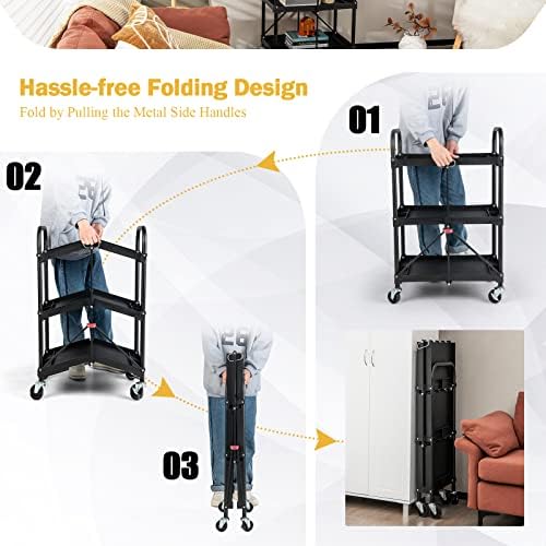 Goplus Folding Utility Cart on Wheels, 250lbs 3-Tier Rolling Tool Cart w/Lockable Casters & Compartments, Fast Fold up Collapsible Metal Service Cart for Office, Garage, Kitchen, Black - Image 2