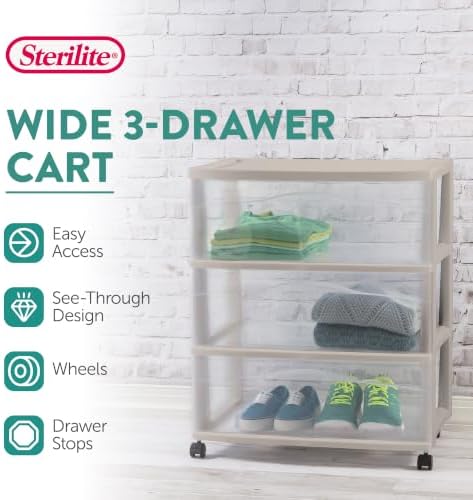 Sterilite Wide 3-Drawer Cart with Wheels for Bedroom and Dresser, Grey - Image 3
