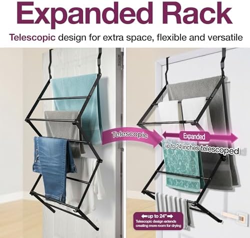 BLACK+DECKER Over The Door Expandable Telescopic Drying Rack, Clothes Organizer, Towel Hanger, Laundry, Collapsible, Black - Image 5