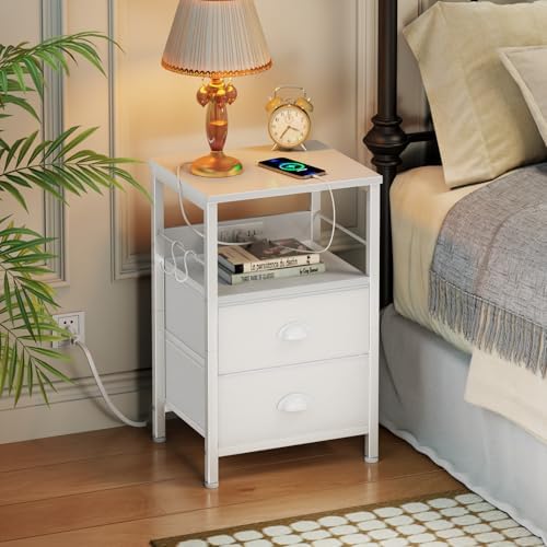 Furologee Night Stand with Charging Station, 2 Fabric Drawers, White - Image 2