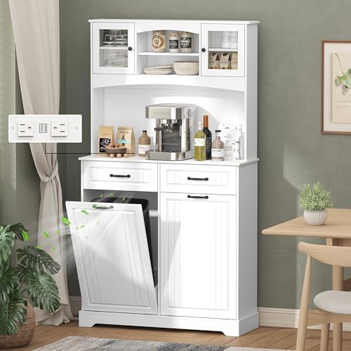 Double 13 Gallon Tilt Out Trash Can Cabinet with Deodorizing Function and Power Outlet, 71" Tall Wooden Garbage Can Holder Cabinet with 2 Storage Hutch & 2 Drawers for Kitchen and Dining Room, White by JMHDYG