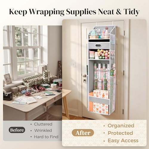 Ordovibe Wrapping Paper Storage Organizer, Over The Door Gift Wrap Holder with Removable Drawer & Side Mesh Pockets – Space Saving Closet Organizer for Christmas, Halloween, Birthday Rolls Supplies Gray - Image 2