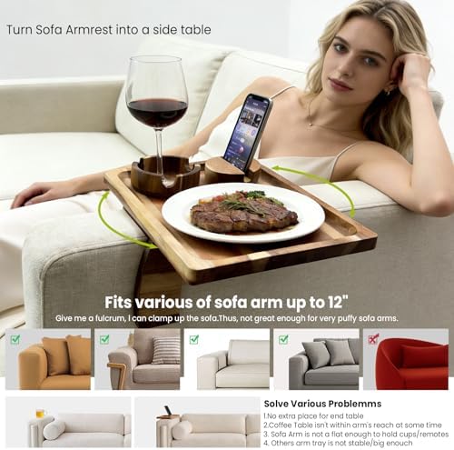 Manspdier Acacia Wood Sofa Arm Tray Table Clip On Couch Armrest Table - Image 4