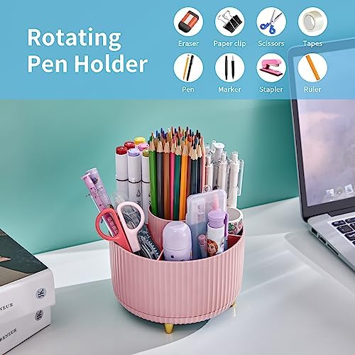 Marbrasse Desk Organizer, 360-Degree Rotating Pen Holder, Desk Organizers and Accessories with 5 Compartments Pencil Organizer, Art Supply Storage Box Caddy for Office, Home(Pink) - Image 3