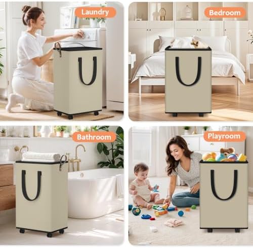 SpaceTrove Rolling Laundry Basket with Wheels, Laundry Hamper, 80L, Beige - Image 6