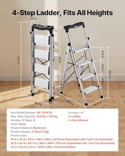 VEVOR 4 Step Ladder, Folding Step Stool with Wide Anti-Slip Pedal and Comfort Handgrip, 330 lbs Capacity Portable Aluminum Stepladder, Multi-Use for Kitchen, Home, Warehouse and Office, Silver - Image 2