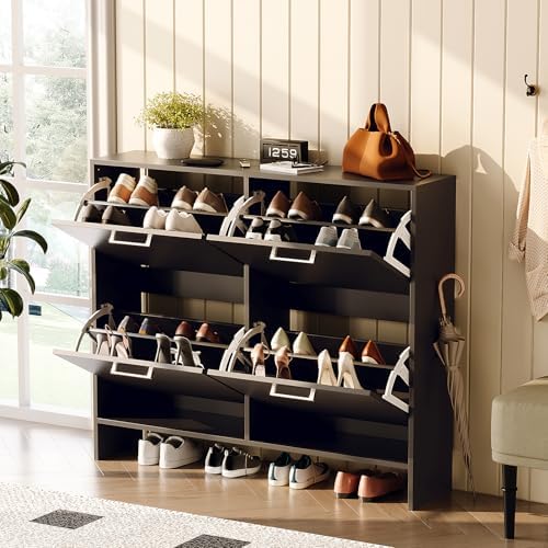 VINGLI Black Shoe Cabinet for Entryway, Ultra Slim Shoe Rack Storage with 4 Flip Drawers, Modern Narrow Shoe Organizer for Hallway, Hidden Sneaker Cupboard, 42 Inch Wide - Image 3