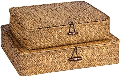 Set of 2 Flat Seagrass Storage Bins with Lid Wicker Storage Baskets for Organizing, Woven Shelf Organizer Bins Home Utility Organizer Box for Home & Office Supplies (Caramel) by FOSSORH