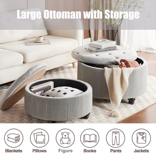 29'' & 24.5'' Round Storage Ottoman Coffee Table Set of 2, Light Gray - Image 3