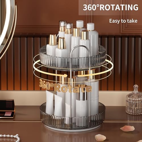 YCIA&DONE 360 Rotating Makeup Organizer and Storage for Vanity Countertop 2 Tiers, High Capacity Cosmetic Skincare Perfume Organizers for Dresser Bathroom Lazy Susan (Smoky Gray) - Image 3