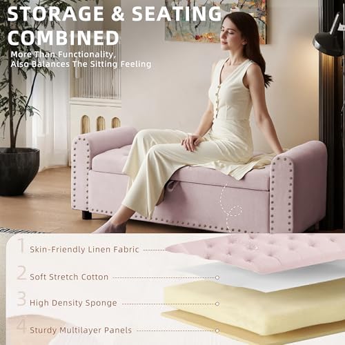 48" Ottoman with Storage, Tufted Storage Ottoman Bench, Convenient Living Room Fabrics Bench Seat, Entryway Shoe Benches with Inner Zipper & Arm, Upholstered Window Seat Ottomans with Rivets,Pink - Image 6