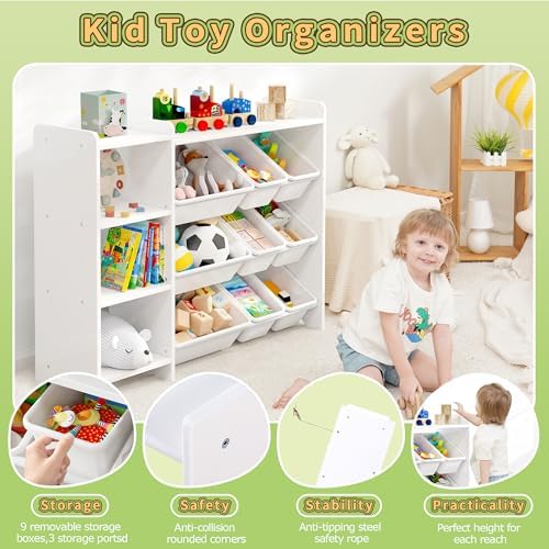 MallBest Kids Toy Storage Organizer with Bins, Solid Pine Wood Frame Toy Storage Cabinet and Kids Bookshelf, 3-Tier Playroom Organizer for Kids Room, Nursery and Bedroom, White - Image 5