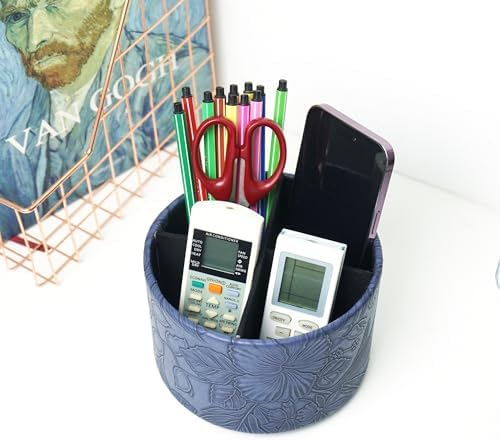 Round Leather Art Supply Organizer,Remote Control Holder,360 Degree Spinning,Multi-Functional Pencil Holder,4 Compartments Desktop Stationary Organizer(1-Carved Blue) - Image 6