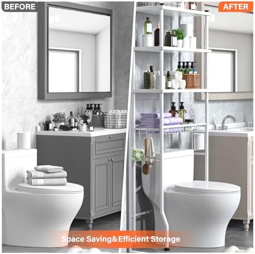 Over the Toilet Storage shelf, 4-Tier Bathroom Organizer Rack, Easy To Install with Adjustable Feet Pad and Basket Freestanding Bathroom Shelves Above Toilet, Space Saver Toilet Storage Cabinet(White) - Image 5