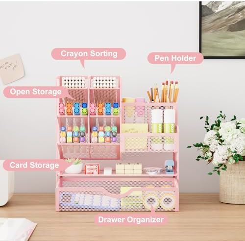 Marbrasse Mesh Desk Organizer with Drawer, Multi-Functional Pencil Organizer, 12 Compartments, Pink, Modern, Minimalist - Image 2