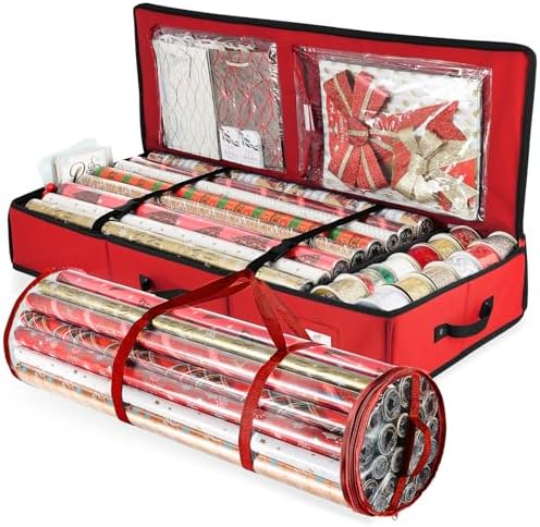 Hearth & Harbor Wrapping Paper Storage Container and Clear Wrap Paper Holder - Christmas Storage Bag with Interior Pockets - Fits Up to 36 Rolls of 40" - Tear Proof, Red by HearthHarbor