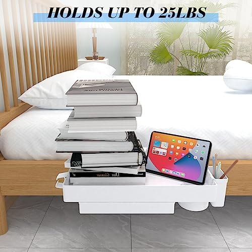 Ronlap Folding Bedside Shelf Bunk Bed Shelf Organizer for Top Bunk Clip On Bed Side Shelf Tray for College Dorm Loft Plastic Bedside Nightstand with Cup Holder, Small Size with Drawer, White - Image 4