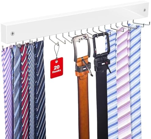 Tie Rack Wall Mounted, Tie Rack with 20 Storage Hooks, Belt Hanger for Wall by OTECKK