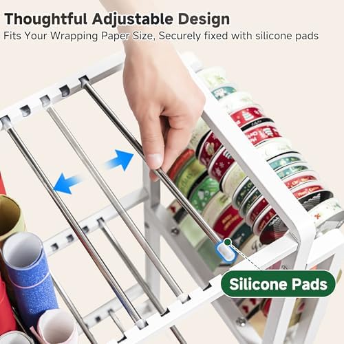 Aquzee Wrapping Paper Storage, Rolling Gift Wrap Station, 9 Adjustable Rod Design, Vertical Wrapping Paper Storage Cart, Ribbon Organizers and Gift Bag Storage, 12 PCS Slap Bands, White - Image 3