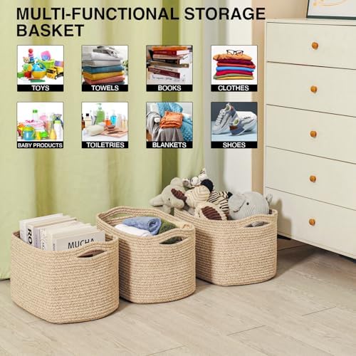 ICERZCZ Decorative Storage Baskets for Organizing Shelves, Toy Basket for Nursery, Woven Cotton Rope Baskets for Decor, Towel Basket for Bathroom, 15"x11"x9.5", 3 Packs, Brown - Image 4