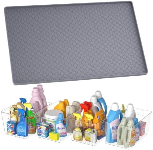 Waterproof Under Sink Mat 34"x22" with 4 Pcs Clear Plastic Storage Bins, Kitchen Bathroom Under Sink Organizer Set, Cabinet Shelf Liner Protection Mat for Pantry Apartment Home Organization Essentials by EHME+EHME+EHME