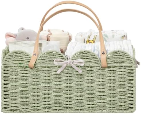 HBlife Large Baby Diaper Caddy, Paper Rope Scalloped Storage Baskets Nursery Bin with Removable Divider, Portable Car Organizer for Diapers, Baby Shower Gifts, Newborn Essentials Must Haves, Green by HBlife
