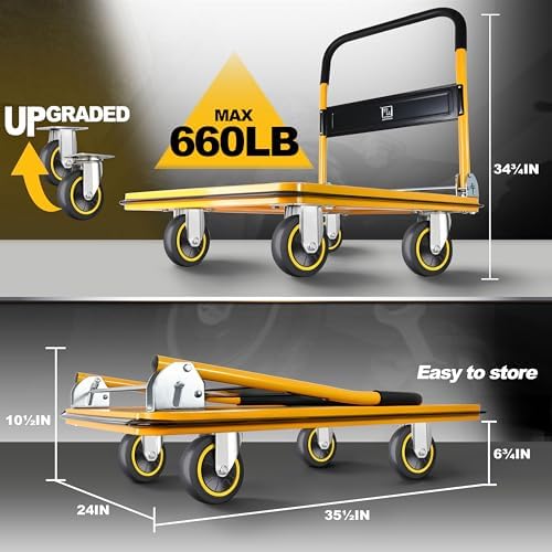 Wellmax Push Cart Dolly, Foldable Moving Platform Flat Cart, 660 lb, Yellow - Image 3