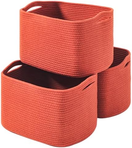 ICERZCZ Storage Baskets for Organizing, Storage Basket for Shelves, Toy Towel Basket for Bathroom Nursery, Woven Cotton Rope Baskets for Decor, 15"x11"x9.5", 3 Packs, Brick Red by ICERZCZ