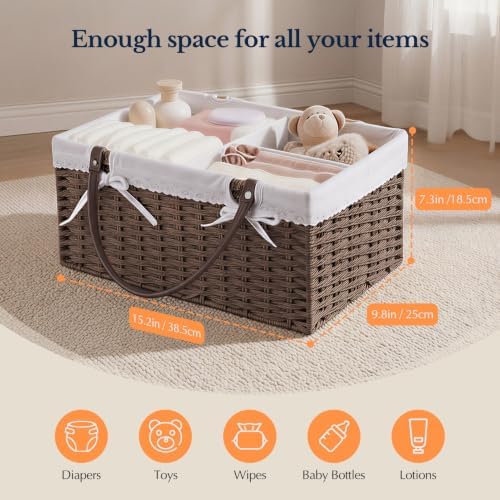 Yecaye Large Baby Diaper Caddy Organizer, Paper Rope Storage Baskets, Brown - Image 2