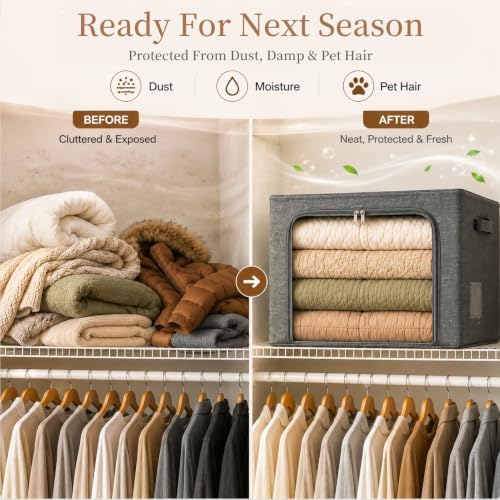GoMaihe Clothes Storage Bins with Metal Frame for Sweaters, 40L 3-Pack Grey - Image 7