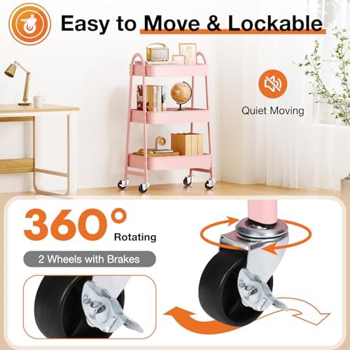 NEWBULIG 3-Shelf Metal Rolling Storage Utility Cart with Lockable Wheels - Image 3