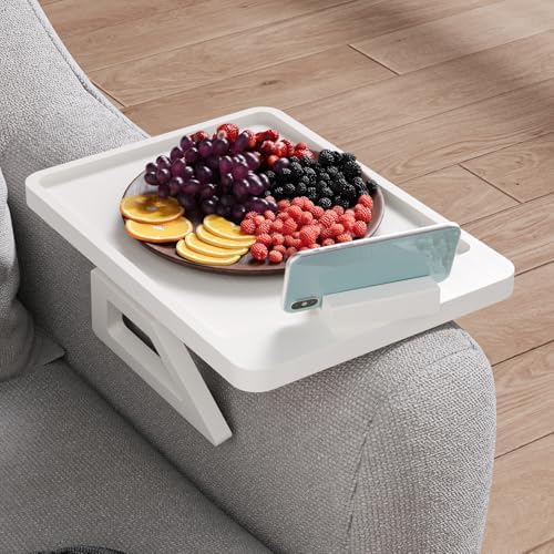 Couch Arm Tray with 360°Phone,Bamboo Folding Sofa Tray,Sofa Armrest Trays Clip-On Couch Desk for Drinks,Snacks,Phone,Remote Control（White） - Image 3