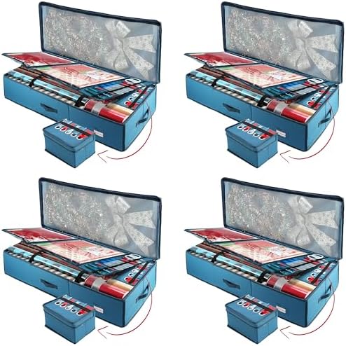 Hearth & Harbor Wrapping Paper Storage Container - Christmas Storage Bag with Ribbon Dispenser and Interior Pockets - Gift Wrap Organizer Fits Up to 26 Rolls of 40" Length, Blue, Large (Pack of 4) by HearthHarbor