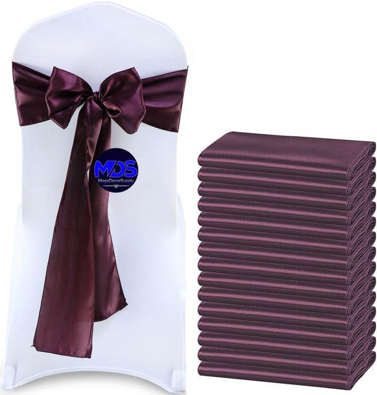 MDS Pack of 75 PCS Satin Chair Sashes Charmeuse Sateen Dining Chair Bows Ribbon Ties Back Sash for Wedding Party Birthday Home Hotel Restaurant Banquet Decoration (7 x 108 Inch, Plum)