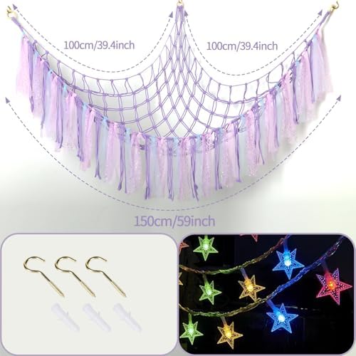 Stuffed Animal Hammock with LED Lights - 59 Inch Large Toy Storage Net for Kids Bedroom, Wall-Mounted Plush Organizer with Wooden Rings, Nursery Decor (Handwoven, Purple) - Image 2