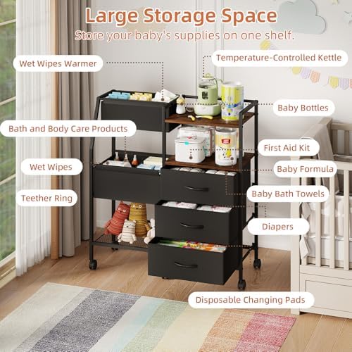 Somdot Baby Diaper Caddy Organizer, 3-Tier Rolling Cart with Drawers - Image 3