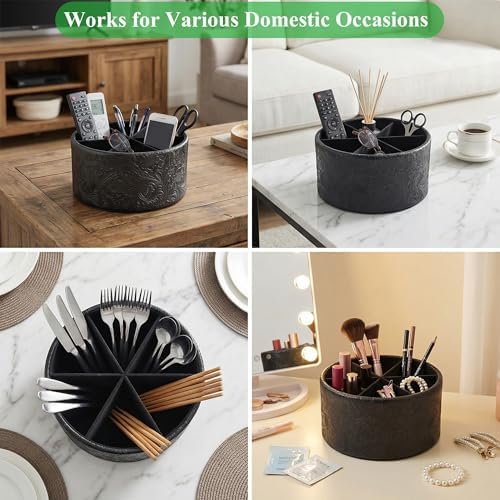 Remote Control Holder, 360°Spinning PU Leather Desk TV Remote Caddy,Desk Storage Box Room Accessories for Controller, Media,Mail,Calculator, Mobile Phone,Pencil(1-Carved Black) - Image 6