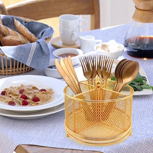 DysanVica 360° Rotating Metal Utensil Caddy - 4 Compartment Silverware Cutlery Holder Rotation Fork Spoon Napkin Organizer Flatware Storage Basket Party Countertop Buffet Picnic Camping Outdoor Gold - Image 5