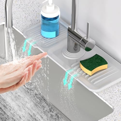 14.6'' Faucet Mat for Kitchen Sink [5°Slope Fast Self-draining] Kitchen Sink Splash Guard Silicone Kitchen Sink Faucet Mat Splash Guard for Kitchen Sink Area Faucet Guard Draining Mat Light Gray by Snoquir