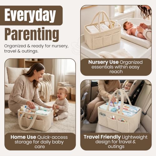 Baby Diaper Caddy Organizer - Soft Beige Sherpa Diaper Storage Bag | Nursery Organizer with 3 Removable Compartments & 6 Side Pockets - Portable Baby Organizer for Diapers,Wipes & Essentials - Image 5