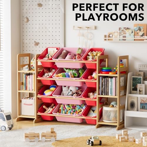 SpaceAid Toy Storage Organizer with 6 Shelves and 12 Bins, Toy Organizers Storage Bookshelf, Kids Bin Shelf Toys Box Bookcase for Bedroom Playroom Organization Room Decor, Red and Pink - Image 5
