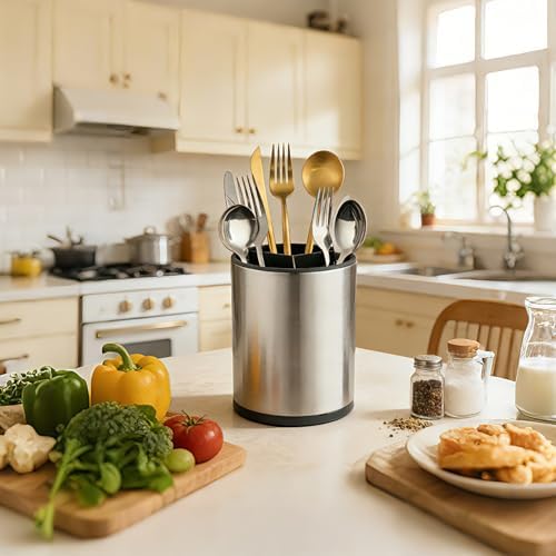 kitchen Utensil Holder Counter, DV Stainless Steel Rotating Cooking Spatula Utensils Holder Caddy (3 Compartment, 360°Rotating) - Image 6