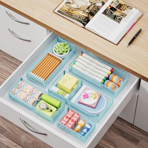 Marbrasse 5 Pack Desk Drawer Organizer Set, Mesh Drawer Storage Trays with 1 Adjustable Divider, Desk Organizers and Accessories, 5 PCS Drawer for Office Supplies, Makeup & Vanity (Blue) - Image 6