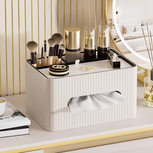 KINGFOM Leather Tissue Box Cover with Storage Tray, Decorative Tissue Box Holder Organizer for Office Desk, Bedroom & Nightstand, Remote Control Holder for Perfume, Watch, Glasses, Pens (Ivory White) - Image 7