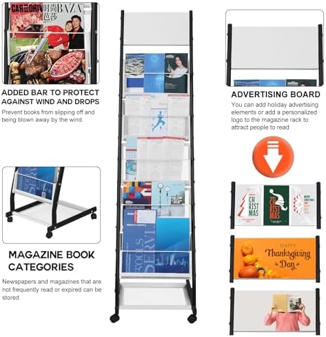 LIWSHWZ Brochure Display Stand | 5 Layers Foor Magazine Rack with 4 Universal Wheels,Metal Newspaper Catalog Holders for Shop, Exhibitions, Office, Trade Show - Image 3
